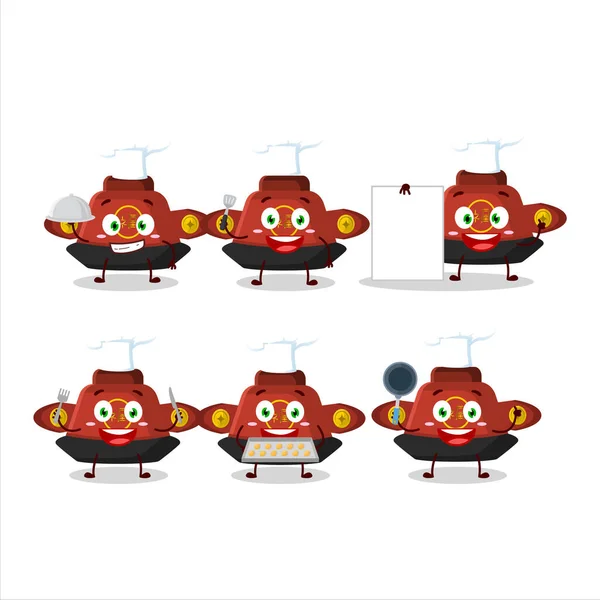 Personagem Desenhos Animados Chapéu Chinês Vermelho Com Vários Emoticons Chef — Vetor de Stock