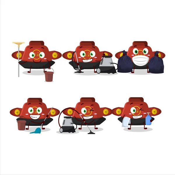Уборка Услуги Красная Китайская Шляпа Симпатичный Персонаж Мультфильма Помощью Швабры — стоковый вектор