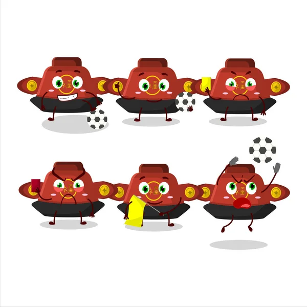 Chinesische Zeichentrickfigur Mit Rotem Hut Die Als Fußballschiedsrichter Arbeitet Vektorillustration — Stockvektor