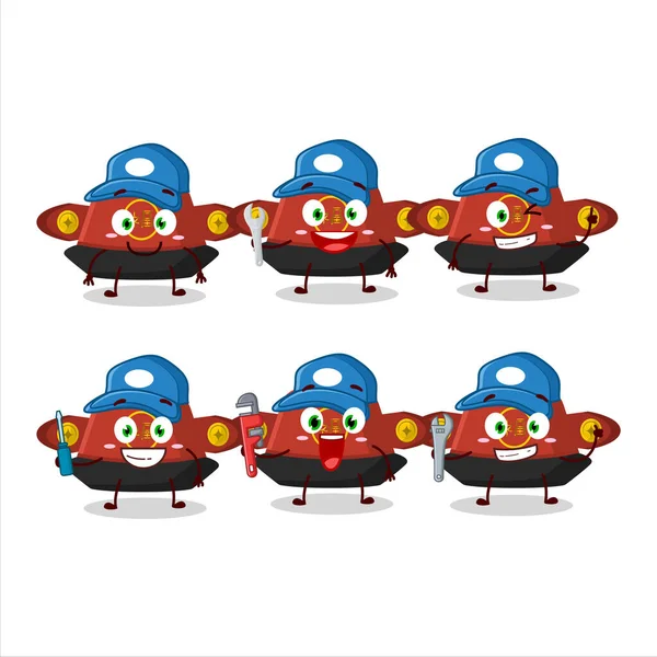 Mecánico Chino Rojo Sombrero Lindo Personaje Mascota Con Alicates Ilustración — Archivo Imágenes Vectoriales