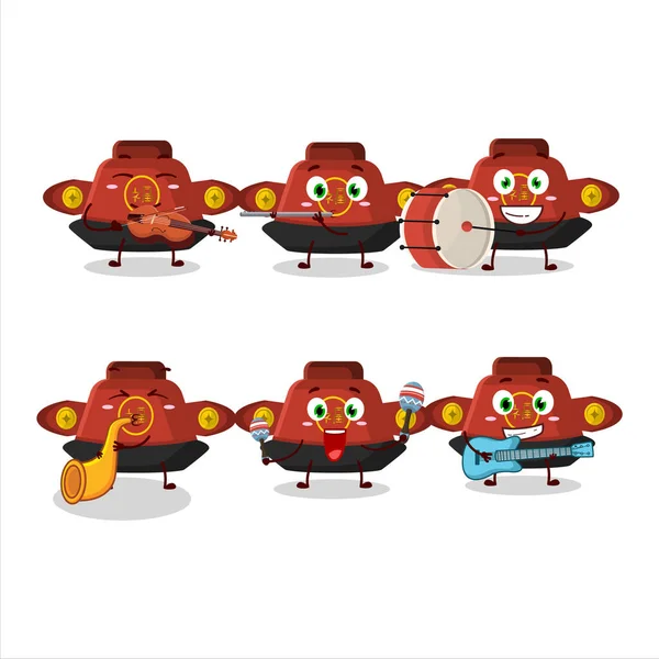 Karakter Kartun Topi Cina Merah Memainkan Beberapa Instrumen Musik Ilustrasi - Stok Vektor
