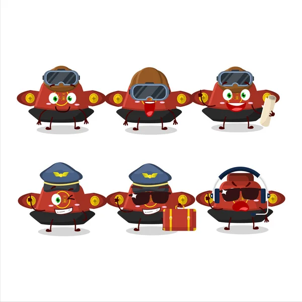 Pilot Mascote Desenho Animado Chapéu Chinês Vermelho Com Óculos Ilustração — Vetor de Stock