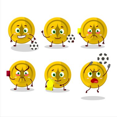 Futbol hakemi olarak çalışan altın sikke çizgi film karakteri. Vektör illüstrasyonu