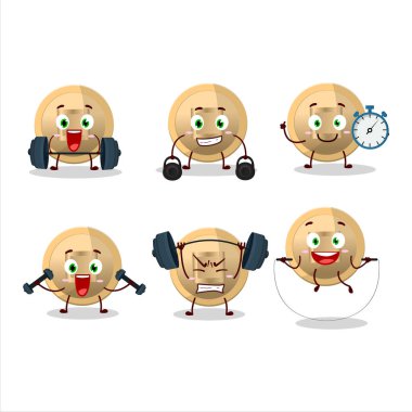 Sağlıklı bir Çin sikkesi çizgi film stili Fitness Merkezi 'nde bazı aletler deniyor. Vektör illüstrasyonu