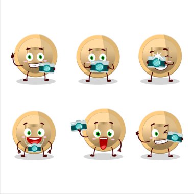 Çinli madeni para çizgi film karakteri ile fotoğrafçılık mesleği simgesi. Vektör illüstrasyonu