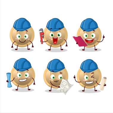 Mimar Çinli sikke, kerpetenle sevimli maskot karakteri. Vektör illüstrasyonu