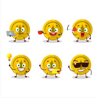 Çeşitli iş simgelerine sahip altın sikke çizgi film karakteri. Vektör illüstrasyonu