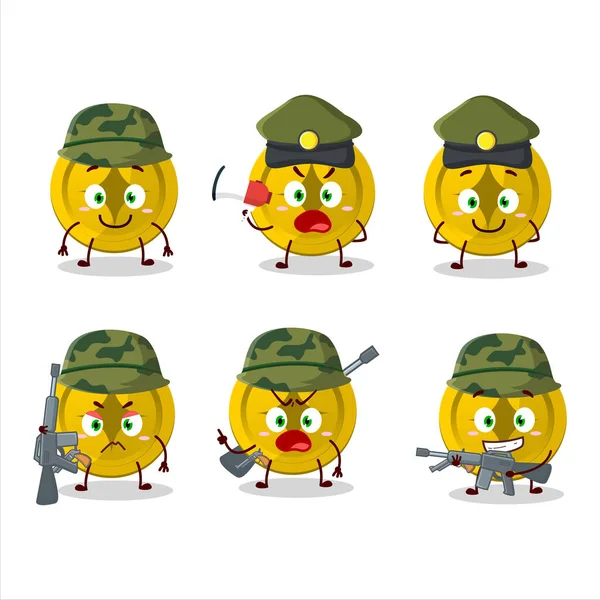 Charmig Soldat Guld Mynt Tecknad Bild Med Pistol Maskin Vektorillustration — Stock vektor
