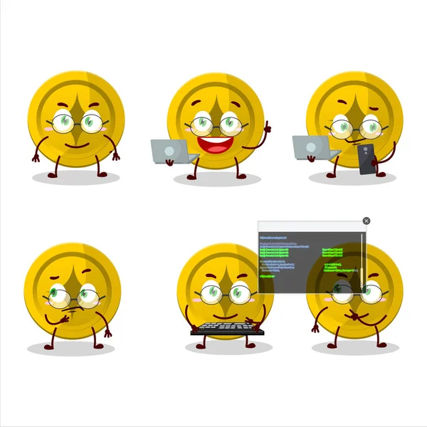 Gold Coin Programmer Cute Cartoon Character Vector Illustration — Stock Vector