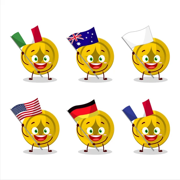 Gouden Munt Stripfiguur Brengen Vlaggen Van Verschillende Landen Vectorillustratie — Stockvector