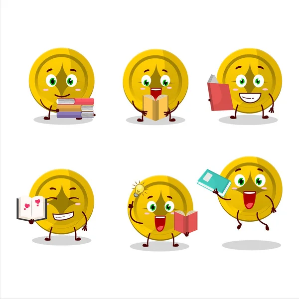 Picture Gold Coin Cartoon Character Concept Reading Amusing Book Vector — Stock Vector