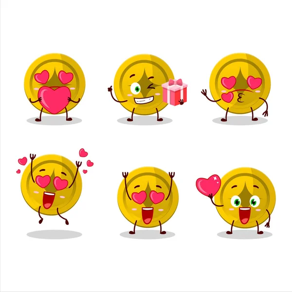 Gouden Munt Cartoon Karakter Met Liefde Schattige Emoticon Vectorillustratie — Stockvector