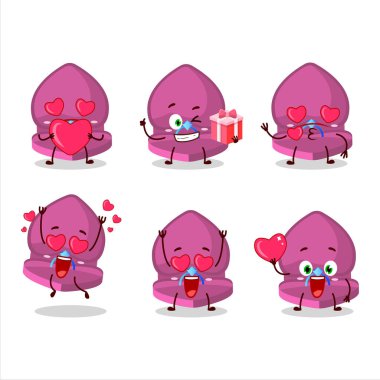 Aşk simgesi olan pembe aşk yüzüğü kutusu çizgi film karakteri. Vektör illüstrasyonu