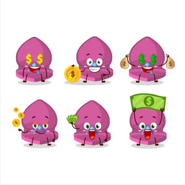 Pembe aşk yüzüğü kutusu çizgi film karakteri. Şirin ifadeli, yanında para getiriyor. Vektör illüstrasyonu