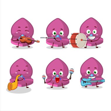 Pembe aşk yüzüğü kutusunun çizgi film karakteri müzik enstrümanları çalıyor. Vektör illüstrasyonu