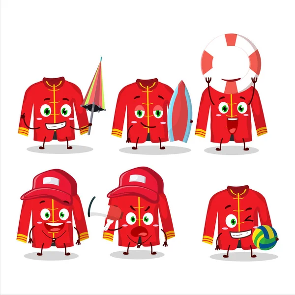 快乐脸红色的中国传统服装卡通人物在海滩上玩耍 矢量说明 — 图库矢量图片