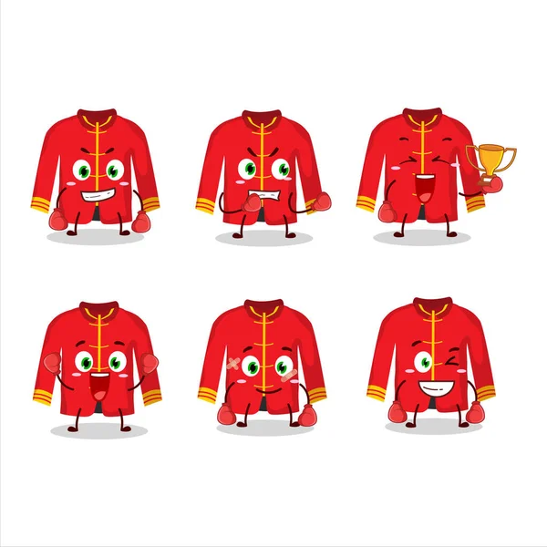 一个运动红色中国传统服装拳击运动员卡通吉祥物的设计 矢量说明 — 图库矢量图片