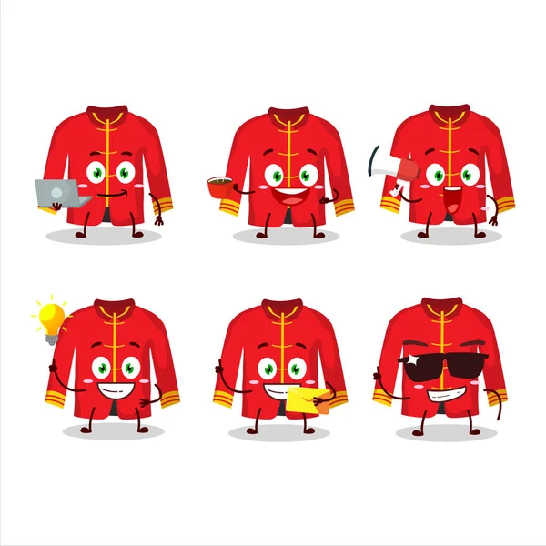 红色中国传统服装卡通人物与各种类型的商业情怀 矢量说明 — 图库矢量图片