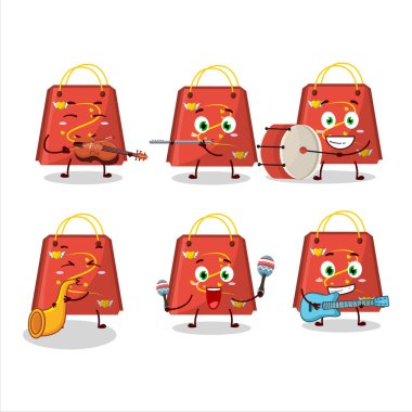 Kırmızı aşk çantasının çizgi film karakteri müzik enstrümanları çalıyor. Vektör illüstrasyonu