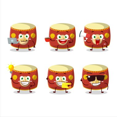 Çeşitli iş simgeleriyle kırmızı Çin davulu çizgi film karakteri. Vektör illüstrasyonu