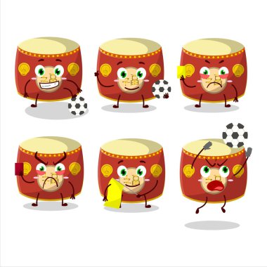 Futbol hakemi olarak çalışan kırmızı Çin davulu çizgi film karakteri. Vektör illüstrasyonu