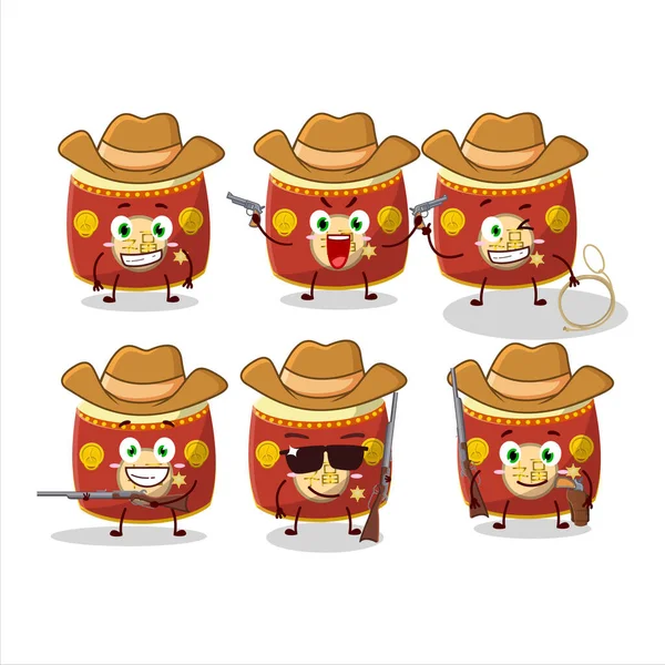 Cool Cowboy Red Chinese Drum Cartoon Character Cute Hat Vector — Stock Vector