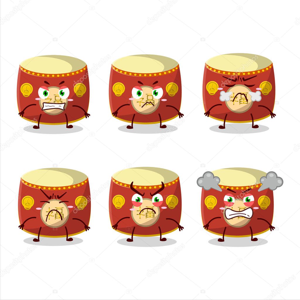 Red chinese drum cartoon character with various angry expressions. Vector illustration