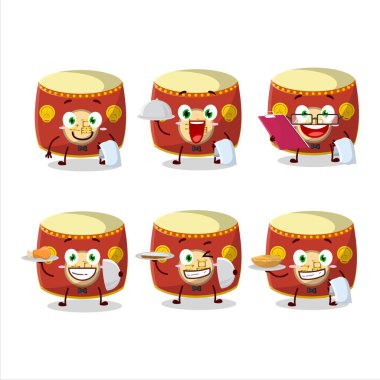 Mutlu kırmızı Çinli davulcu garson çizgi film karakteri elinde tabak tutuyor. Vektör illüstrasyonu