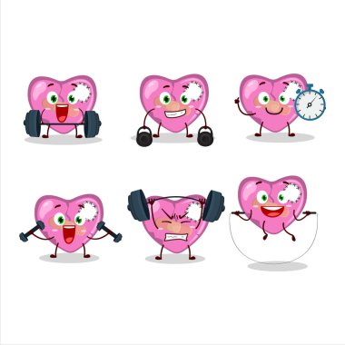 Sağlıklı pembe kırık bir kalp çizgi film tarzında spor salonunda bazı aletler deniyor. Vektör illüstrasyonu