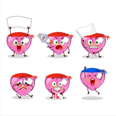 Çekici bir destekçi olarak pembe kırık kalp aşk karakteri maskot tasarımı. Vektör illüstrasyonu