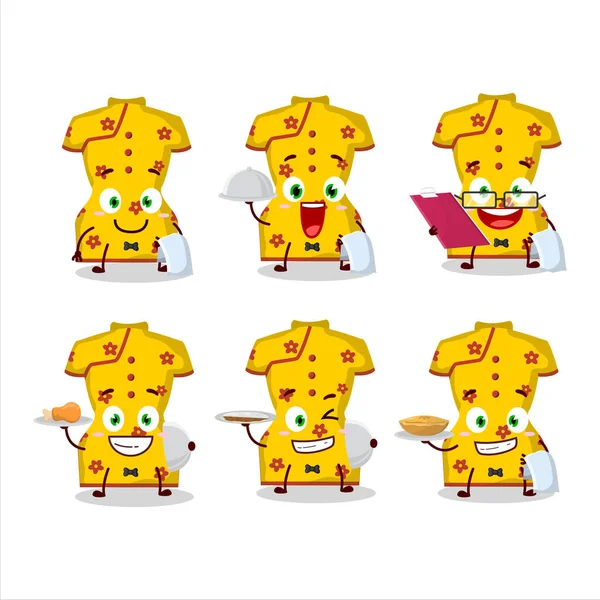 Ropa Amarilla Feliz Mujer China Camarero Personaje Dibujos Animados Sosteniendo — Vector de stock