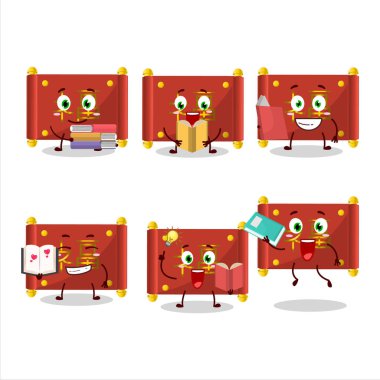 Kırmızı kağıt rulo Çin çizgi film karakteri konsepti komik bir kitap okuyor. Vektör illüstrasyonu