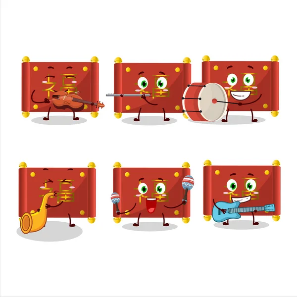 Cartoon Character Red Paper Roll Chinese Playing Some Musical Instruments — Stock Vector