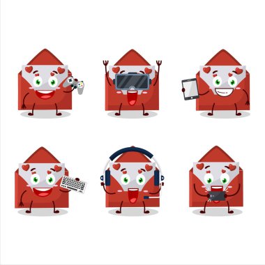 Kırmızı aşk zarflı çizgi film karakteri çeşitli şirin ifadelerle oyunlar oynuyor. Vektör illüstrasyonu