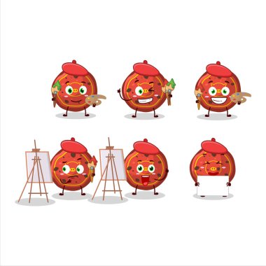 Kırmızı kurabiyelerin sanatçısı fırçayla çizilmiş domuz çizgi film karakteri. Vektör illüstrasyonu