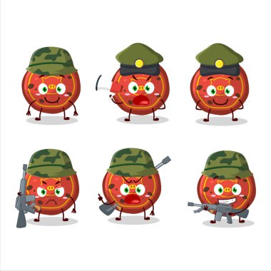 Çekici bir asker kırmızı kurabiyeler domuz çizgi filmi bir silah makinesi getiriyor. Vektör illüstrasyonu