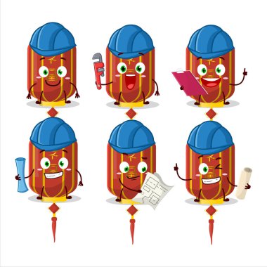 Mimar kırmızı Çinli uzun lamba kerpetenle sevimli maskot karakter. Vektör illüstrasyonu