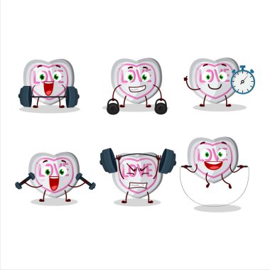 Sağlıklı bir beyaz aşk çizgi film stili Fitness merkezinde bazı aletler deniyor. Vektör illüstrasyonu