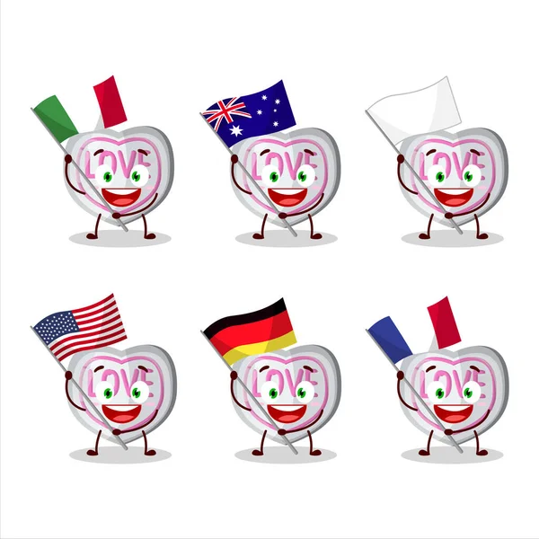 Personagem Desenho Animado Doces Amor Branco Trazer Bandeiras Vários Países — Vetor de Stock
