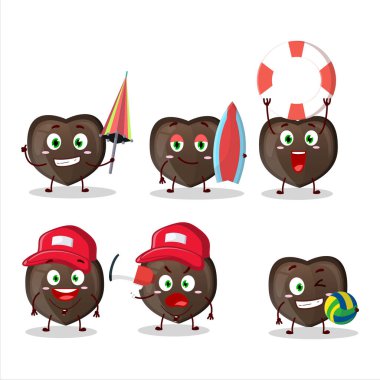 Mutlu Yüz, plajda oynayan çikolata şekerli çizgi film karakterlerine bayılır. Vektör illüstrasyonu