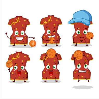 Basketbol atleti olarak Çinli kadın çizgi film karakterinin yetenekli kırmızı giysisi. Vektör illüstrasyonu