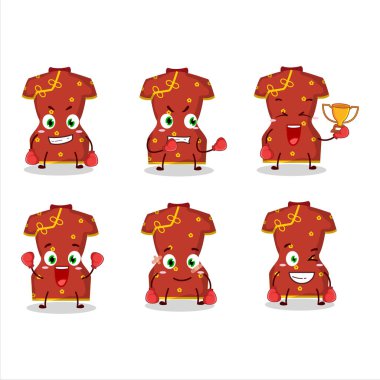 Çinli kadın boksör maskot tasarımının spor kırmızısı kıyafeti. Vektör illüstrasyonu
