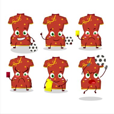 Futbol hakemi olarak çalışan Çinli kadın çizgi film karakterinin kırmızı giysileri. Vektör illüstrasyonu