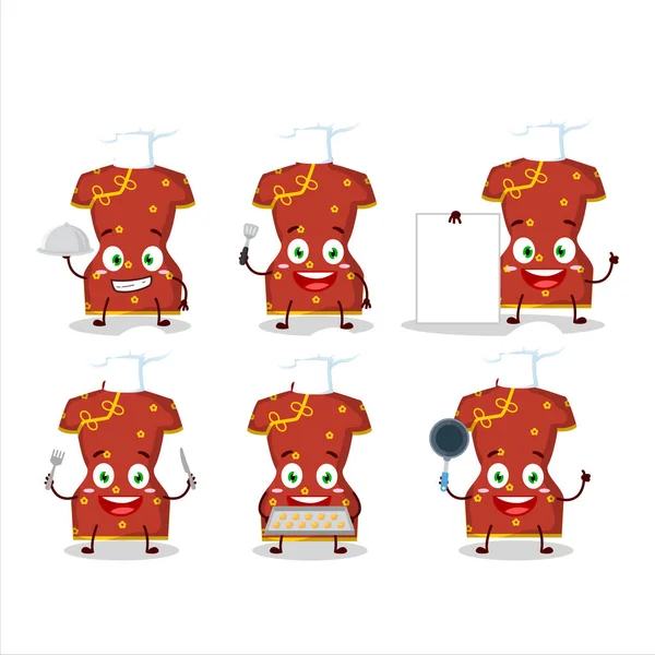 Kreskówkowy Charakter Czerwonej Odzieży Chińskiej Kobiety Różnych Emotikonów Szefa Kuchni — Wektor stockowy
