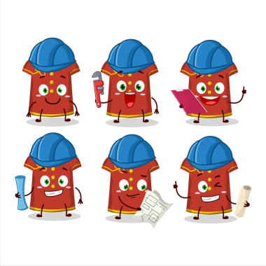 Mimar, kırmızı giyimli çocuklar Çinli kadın, pense takan sevimli maskot karakter. Vektör illüstrasyonu