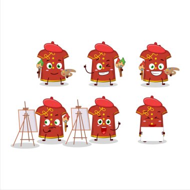 Kırmızı elbiseli sanatçılar Çinli kadın çizgi film karakteri fırçayla resim yapıyor. Vektör illüstrasyonu