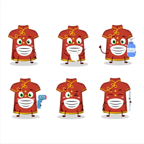 一张红色服装的图片 孩子们 中国妇女卡通设计风格在大流行期间保持健康 矢量说明 — 图库矢量图片