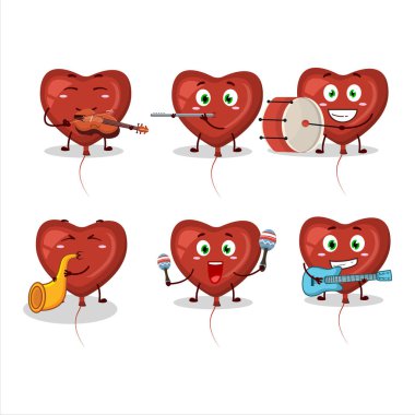 Müzik enstrümanları çalan kırmızı aşk balonunun çizgi film karakteri. Vektör illüstrasyonu