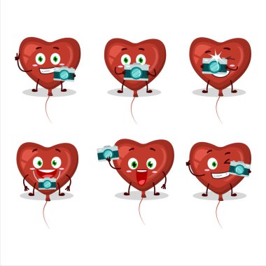 Kırmızı aşk balonu çizgi film karakteri ile fotoğrafçılık mesleği simgesi. Vektör illüstrasyonu