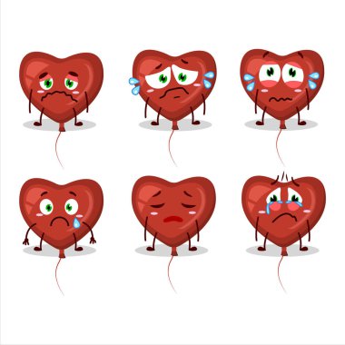 Kırmızı aşk balonu karikatür karakteri üzgün bir ifadeyle. Vektör illüstrasyonu